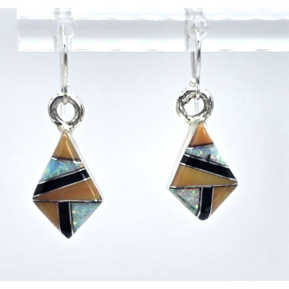 Multi-Gemstone Dangle Earrings Diamond Opal Onyx Handmade Sterling Silver 925